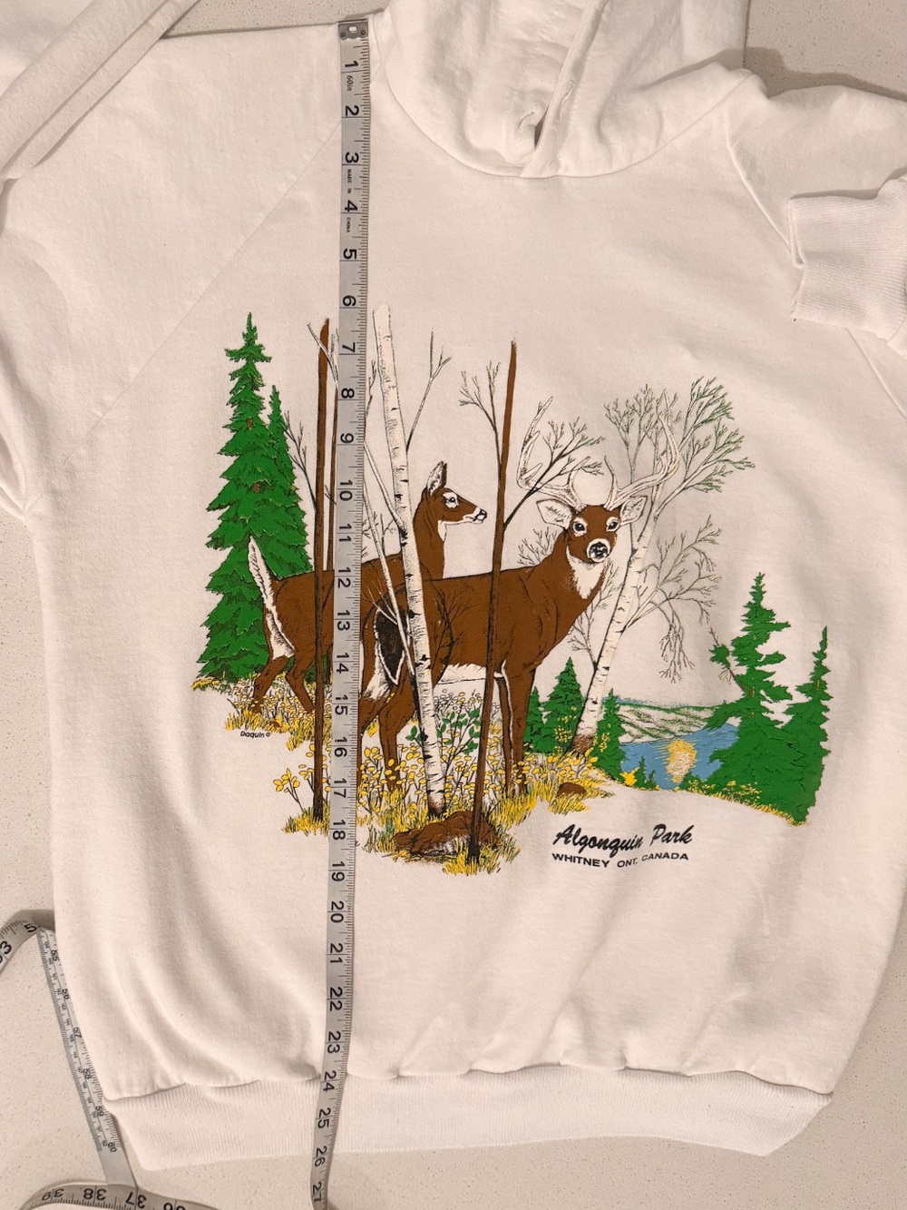Vtg Algonquin Park Ontario Deer Hoodie M White Daquin Cottagecore Cabincore - Picture 7 of 10